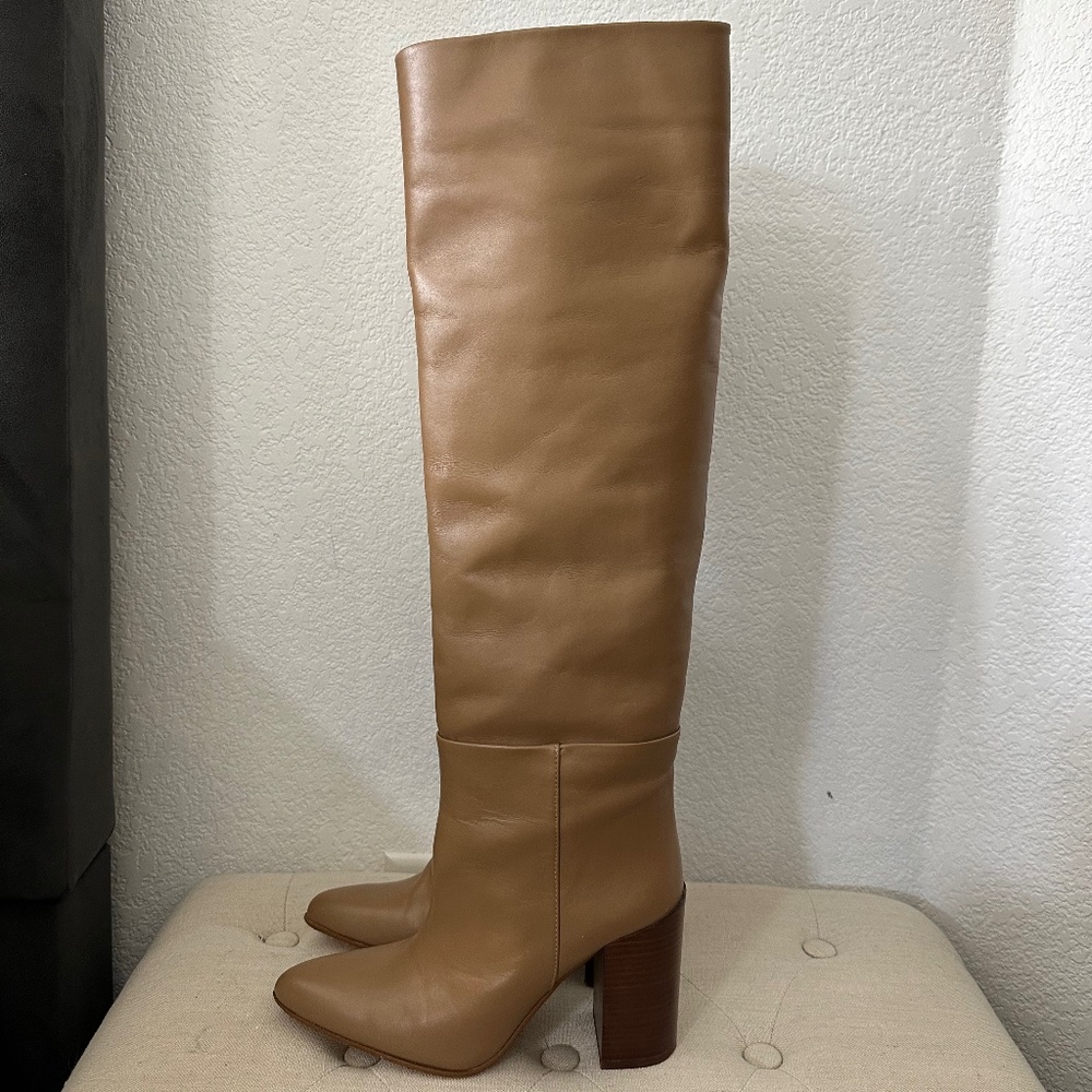 Zara tall leather block heel tan Boots